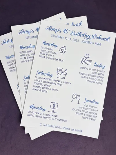 Birthday itinerary with modern calligraphy and print hand lettering