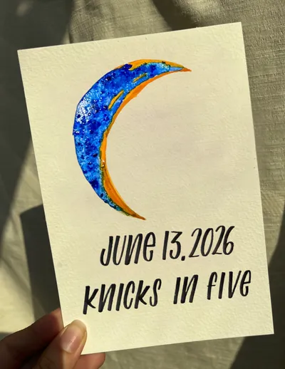 Commemorative moon phase watercolor with hand lettering, Knicks in Five